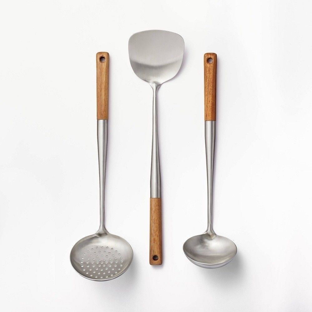 3pc Wok Tool Set Figmint Wood Stainless Steel Skimmer Turner Ladle